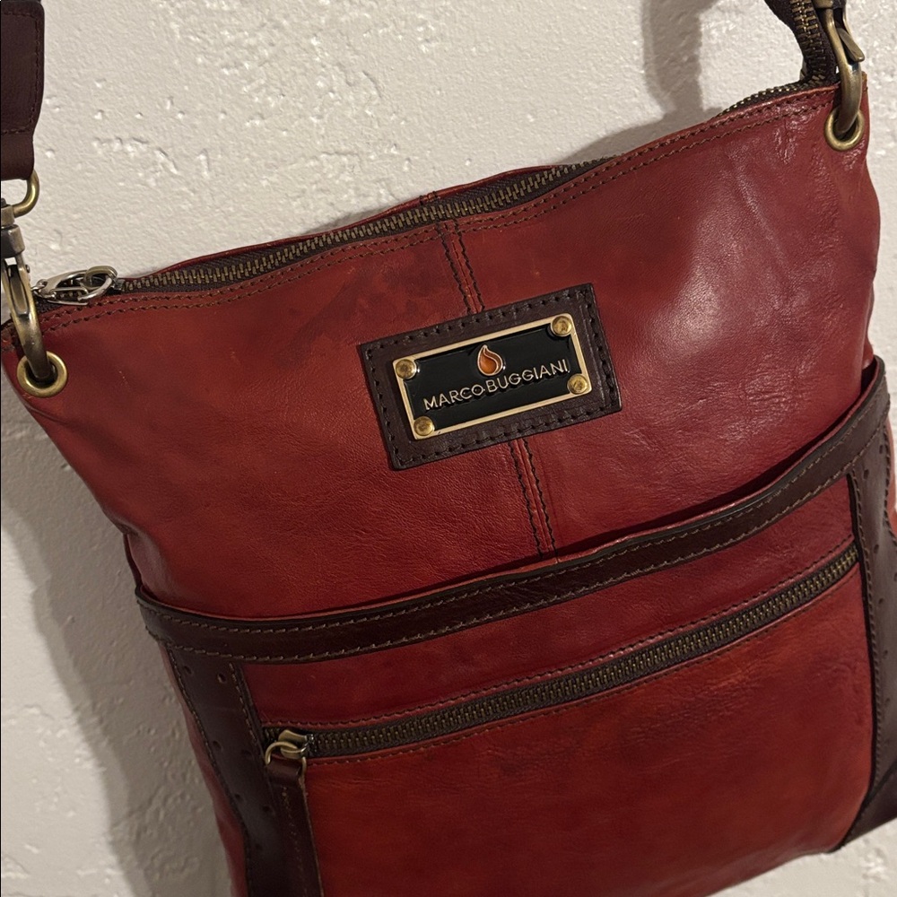Marco Buggiani  Red Brown Leather Crossbody Bag Purse